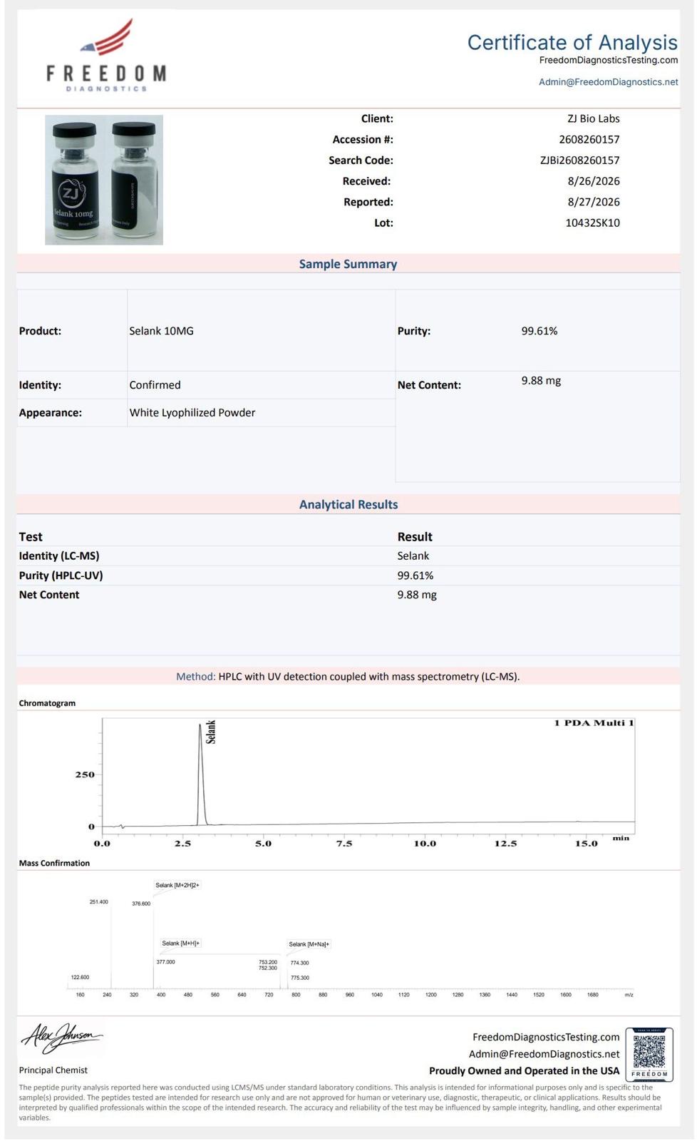 SELANK certificate of analysis