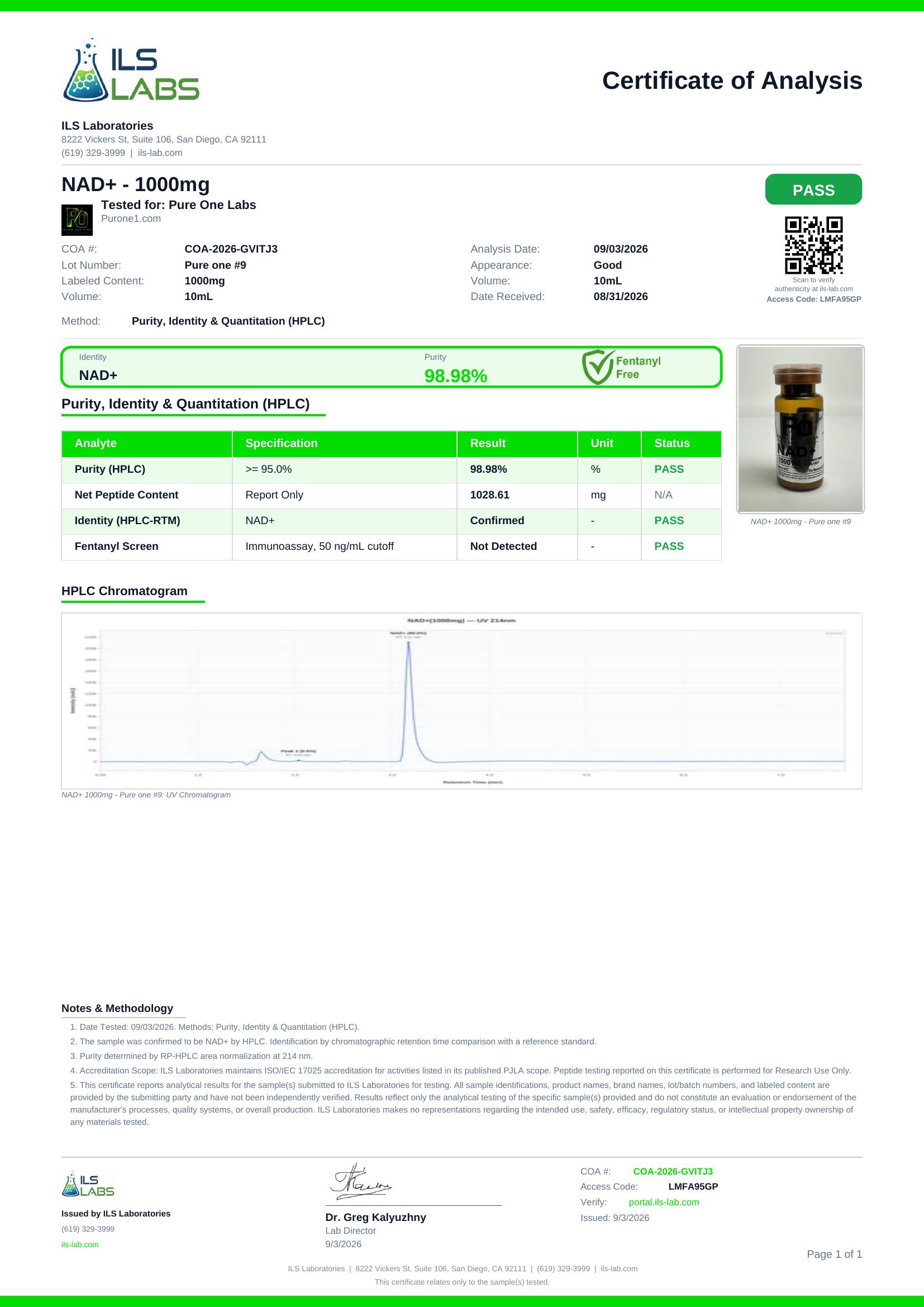 NAD+ certificate of analysis
