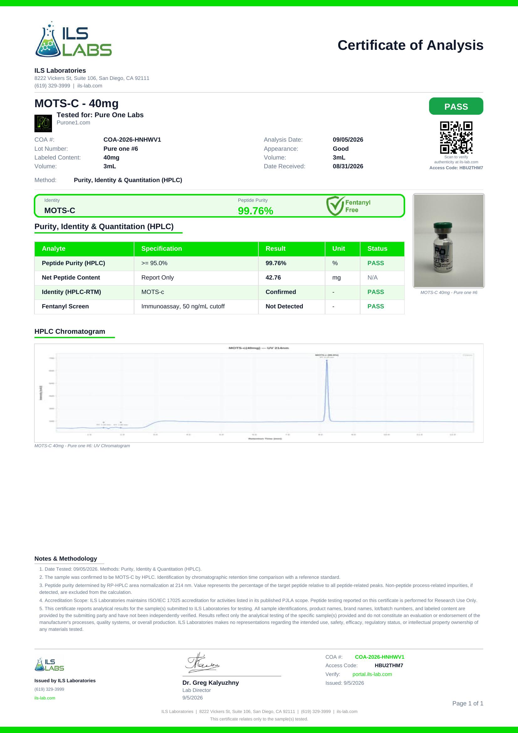 MOTS-C certificate of analysis