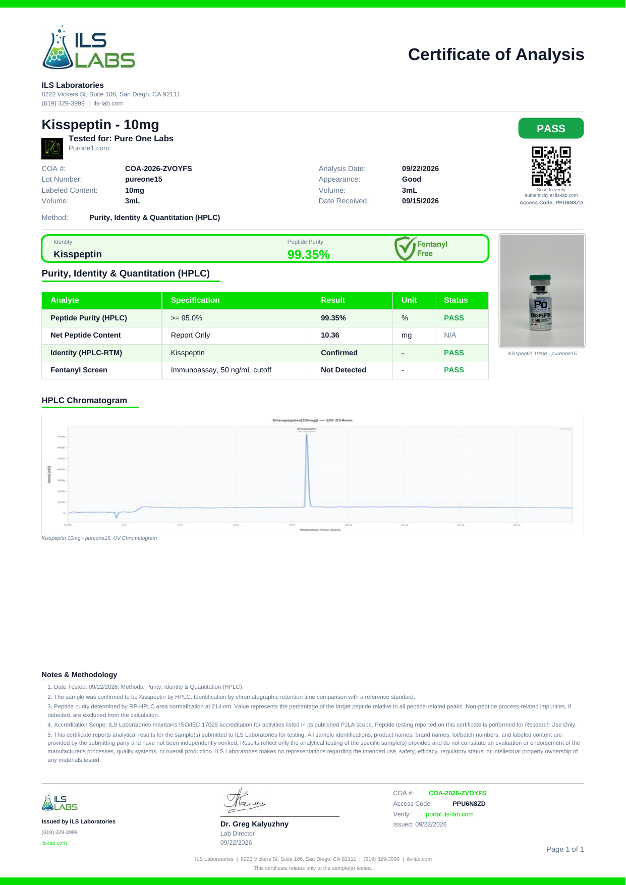 KISSPEPTIN certificate of analysis