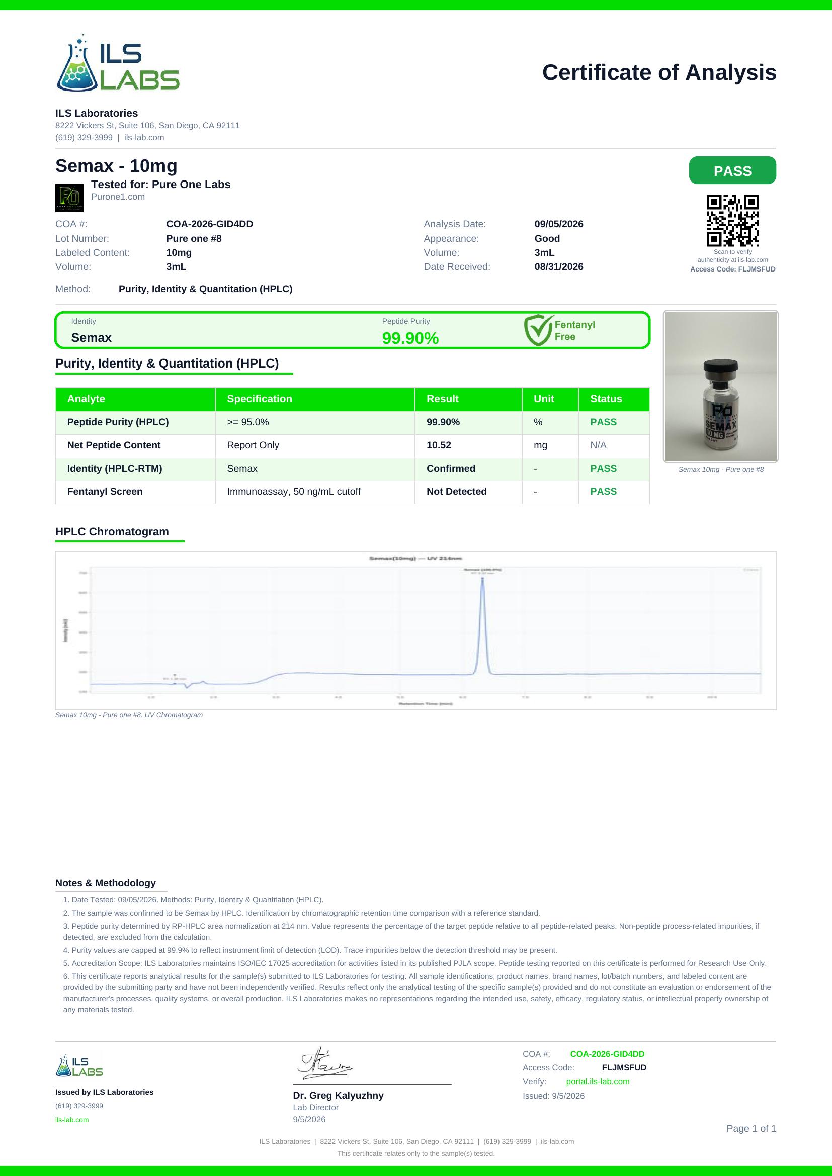 SEMAX certificate of analysis